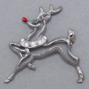 Christmas Red Nose Deer Pin Brooch Silver Metal
